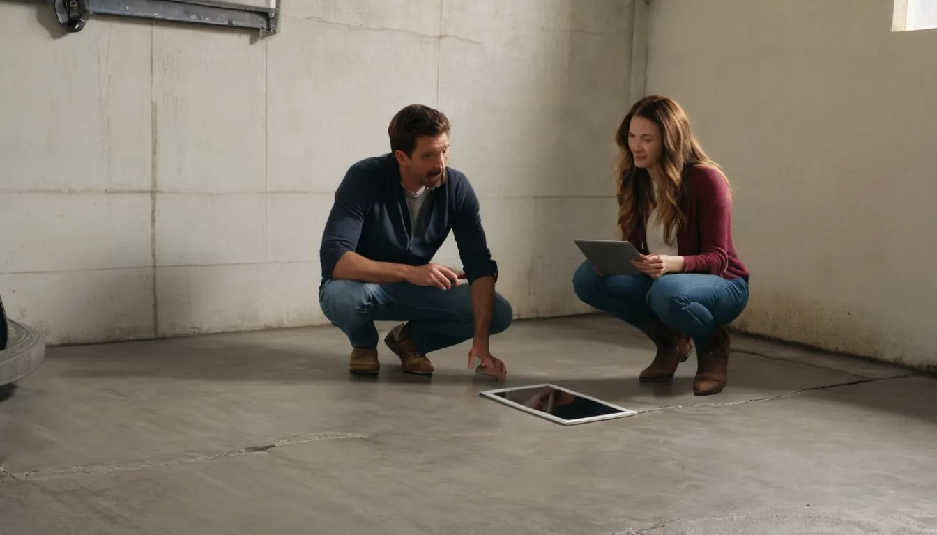 A homeowner and a provider looking at a garage floor crack in the Caledonia area